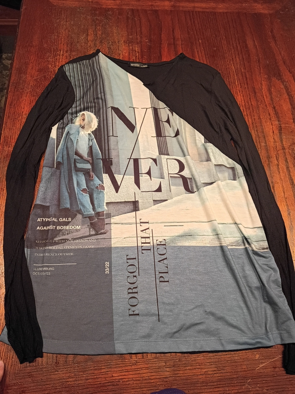 Woman's Zara Long Sleeve Graphic Shirt in Black and Gray